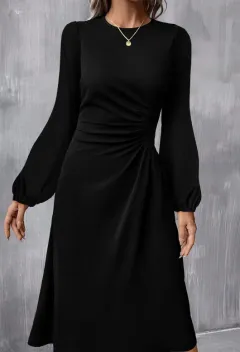 Blackish Green Solid Colour Ruched Detail Long Sleeve Midi Dress - Green - View 1
