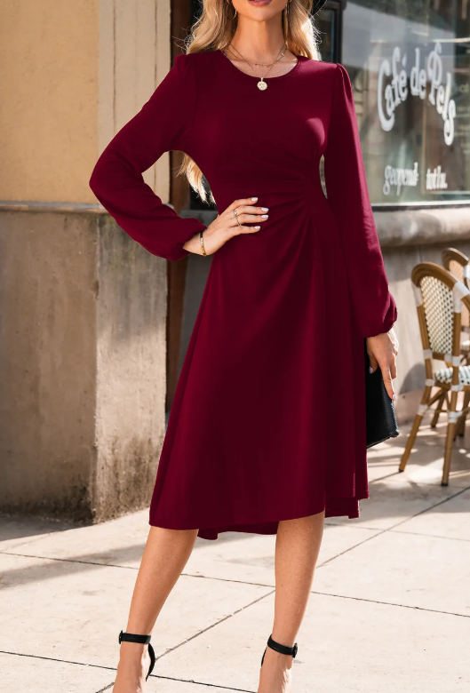Blackish Green Solid Color Ruched Detail Long Sleeve Midi Dress Burgundy - Shop at LoveMi