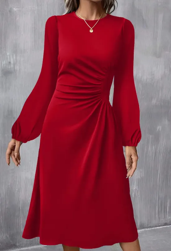 Blackish Green Solid Color Ruched Detail Long Sleeve Midi Dress Fiery Red - Shop at LoveMi