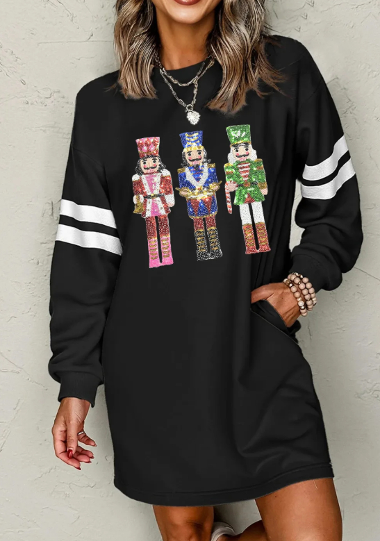 Black Christmas Sequin Nutcracker man Graphic Varsity Striped Sleeve Sweatshirt Dress Black - Shop at LoveMi