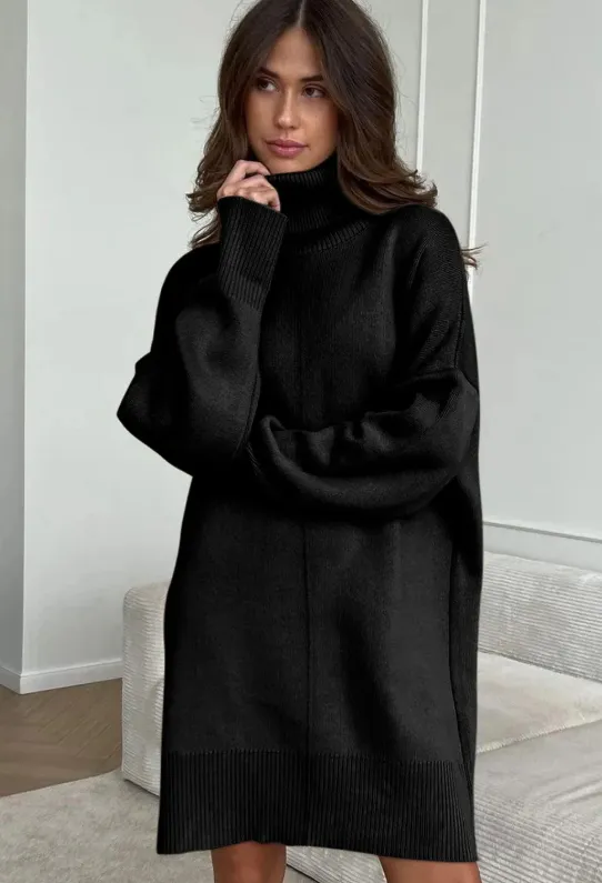 Gold Flame Solid Color Turtleneck Drop Shoulder Loose Sweater Dress Black - Shop at LoveMi