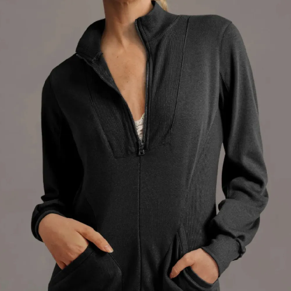 Black Zip Up Collared Ribbed Patchwork Sweatshirt Dress With Pockets - Red