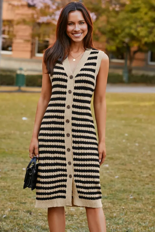 Parchment Buttoned Front Pencil Midi Sleeveless Sweater Dress Parchment M - Shop at LoveMi