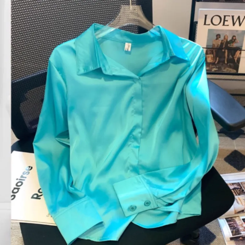 Women's Lapel Satin Draping Heavy Blue Shirt - Blue