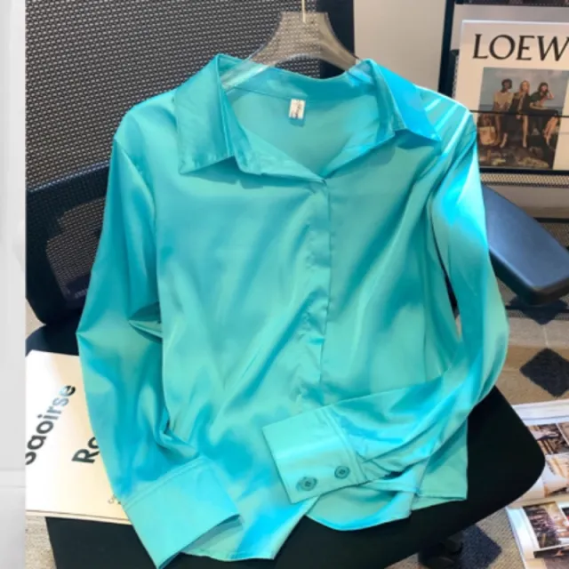 Women's Lapel Satin Draping Heavy Blue Shirt Blue - Shop at LoveMi