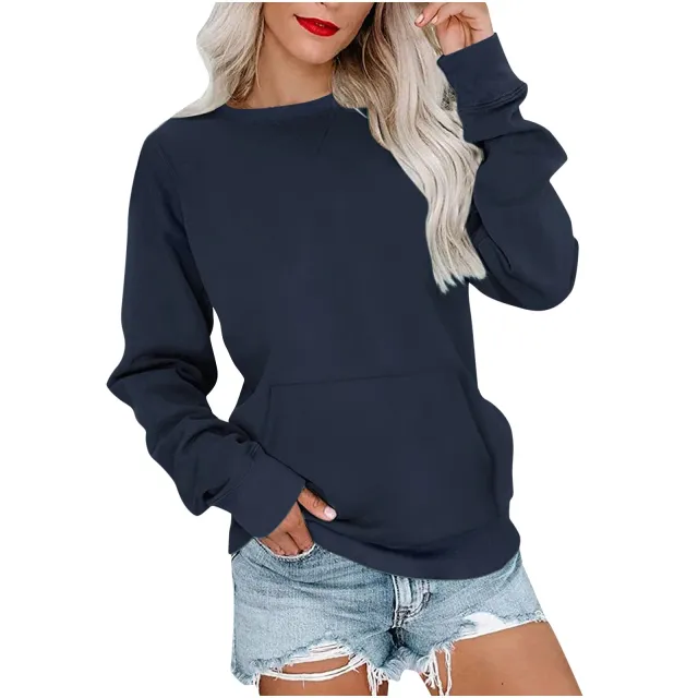 Women's Pin Solid Color Round Neck Loose Long sleeved Sweater Black - Shop at LoveMi