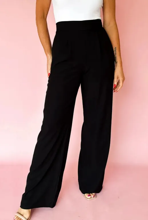 Black Pleated Detail Pull On High Elastic Waist Loose Straight Pants Black - Shop at LoveMi