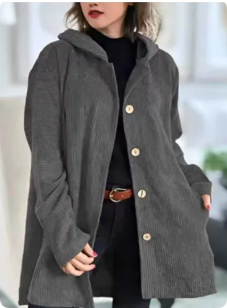 Women's Hooded Loose Corduroy Casual Jacket Grey - Shop at LoveMi