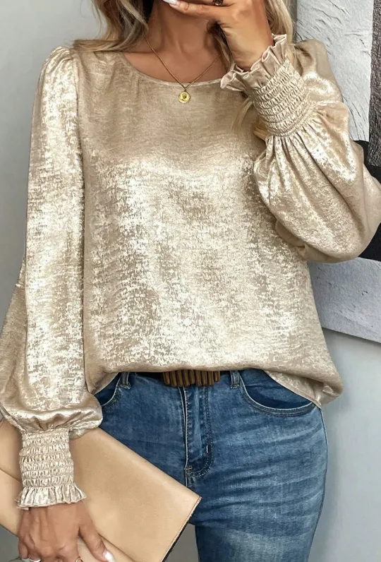 Apricot Metallic Round Neck Smocked Long Sleeve Blouse Apricot - Shop at LoveMi