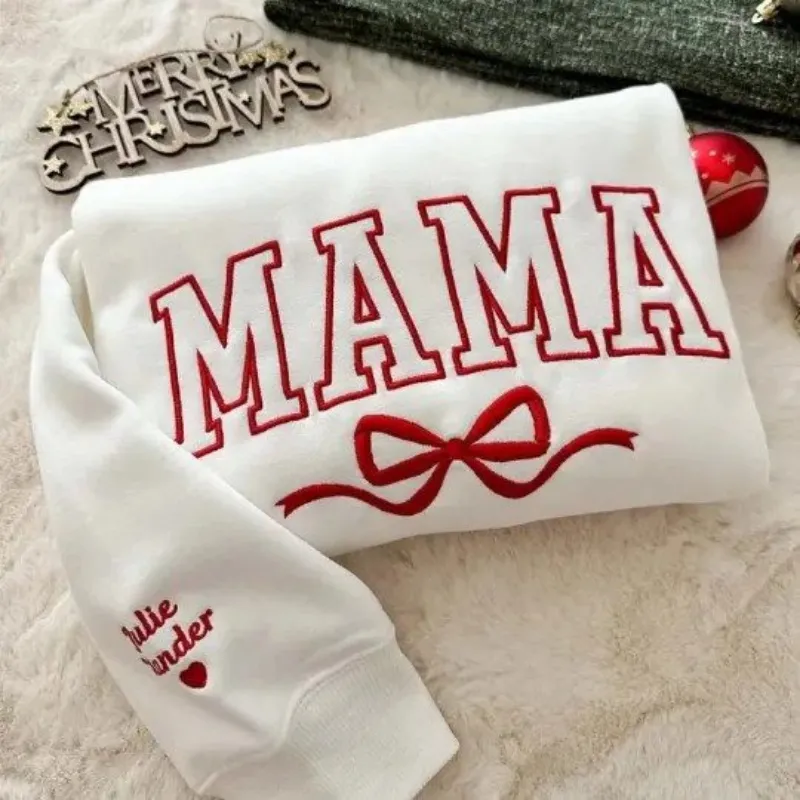 Embroidered Sweater Mom Nickname Bow - Red