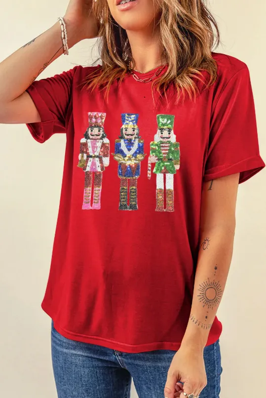 Red Sequined Christmas Nutcracker man Graphic Cuffed Short Sleeve T Shirt Red - Shop at LoveMi