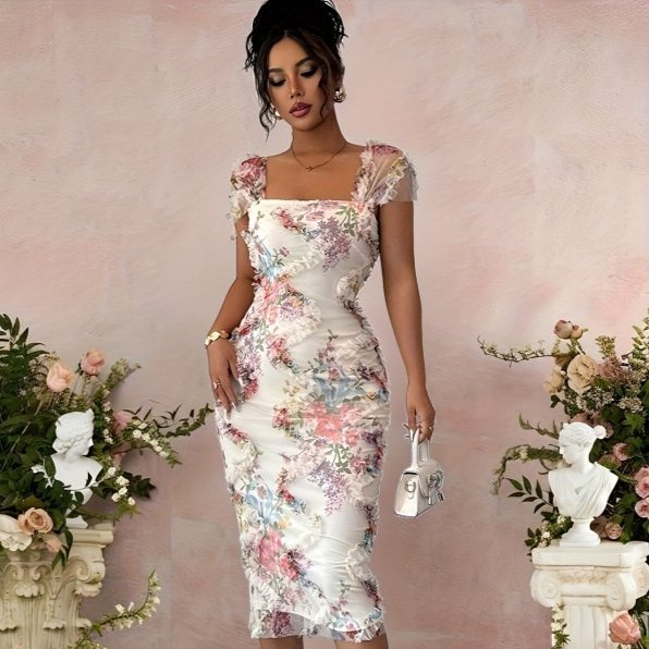 Elegant Romantic Mesh Floral Print Pleated Mid length Dress - Shop at LoveMi