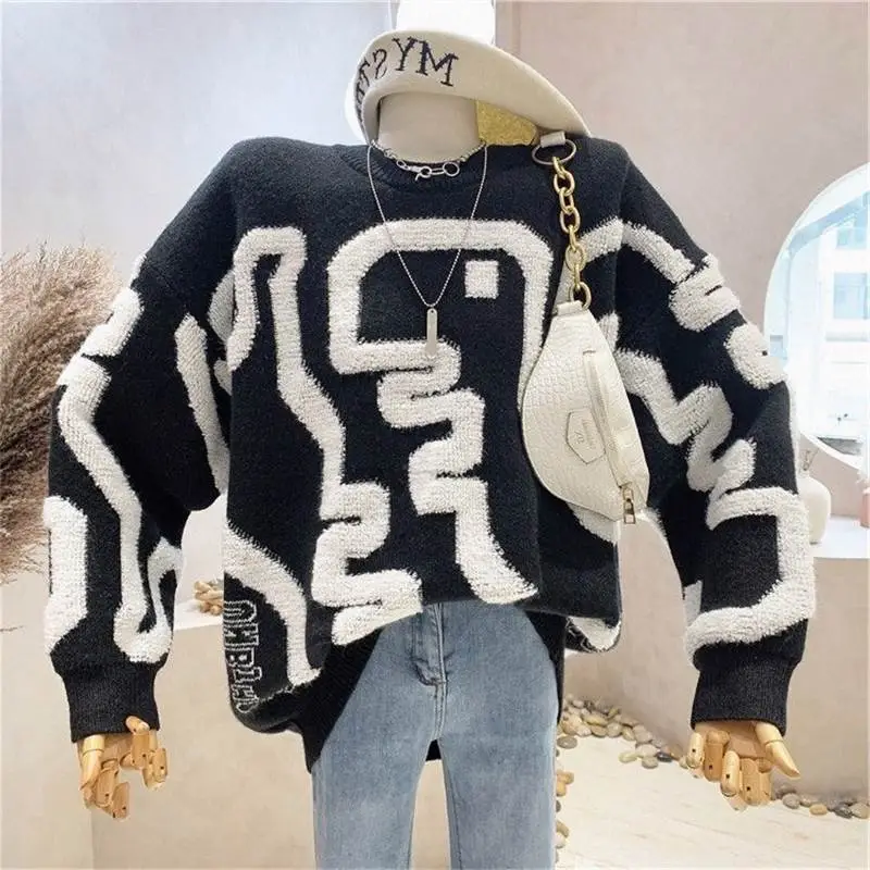 Loose Sweater Round Neck Multicolor Pullover - Multicolor