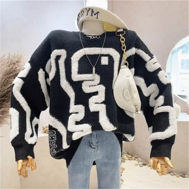 Loose Sweater Round Neck Multicolor Pullover Multicolor - Shop at LoveMi