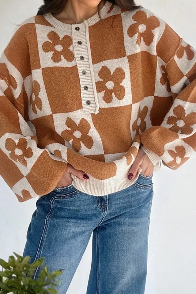 Black Henry Plaid Collar Loose Sweater Thai Curry - Shop at LoveMi