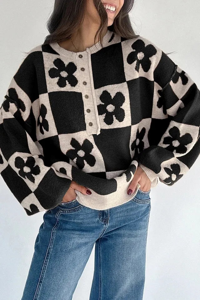 Black Henry Plaid Collar Loose Sweater Black - Shop at LoveMi