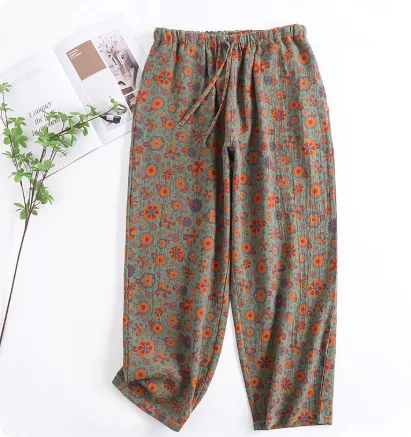 Spring And Autumn Purified Cotton Pajama Pants Large Size Home Thin Printing - Greenbased Yellow Flowers