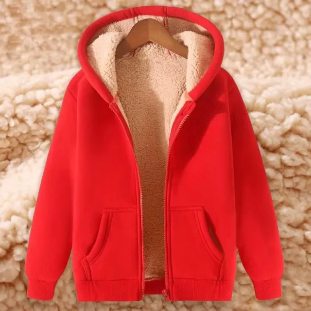 Women's Simple Solid Color Cold proof Warm Berber Fleece Hooded Jacket Red - Shop at LoveMi