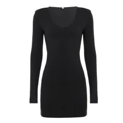 V-neck Long-sleeve Dress Simple Slim Fit Sheath Sexy - Black - View 1