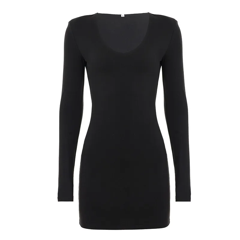 V-neck Long-sleeve Dress Simple Slim Fit Sheath Sexy - Black