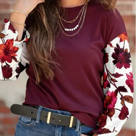 Wild Ginger Contrast Floral Sleeve Solid Ribbed Body Patchwork Long Sleeve Top - Red