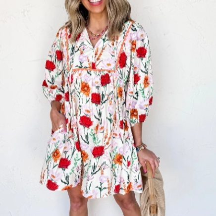 Beige Floral Print Puff Sleeve Ricrac Trim Mini Dress Red - Shop at LoveMi