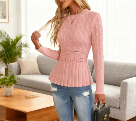 Women's Waist Slimming Pleated Top Sweater Pink - Shop at LoveMi