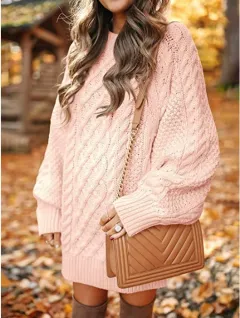 Women's Round Neck Long Sleeve Twisted Knitted Mid-length Dress Sweater - Lotus Root Color-M - View 1
