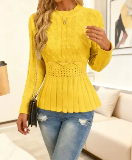 Women's Waist Slimming Pleated Top Sweater Yellow - Shop at LoveMi