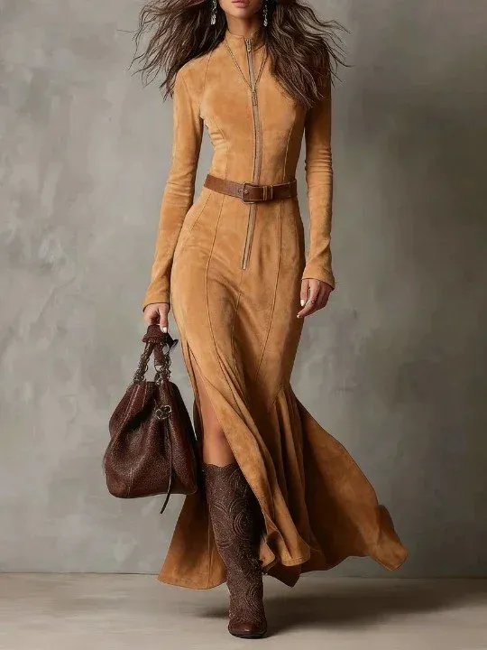 Slim Zipper Dress Elegant Temperament Split Long-sleeved Dresses Cowboy Fashion Retro Women's Clothing - Camel