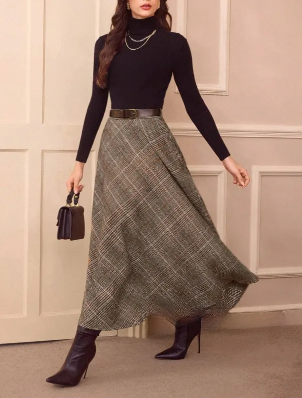 Elegant Retro Women's High Waist Plaid Ribbon Pocket Casual Skirt Dark Gray - Shop at LoveMi