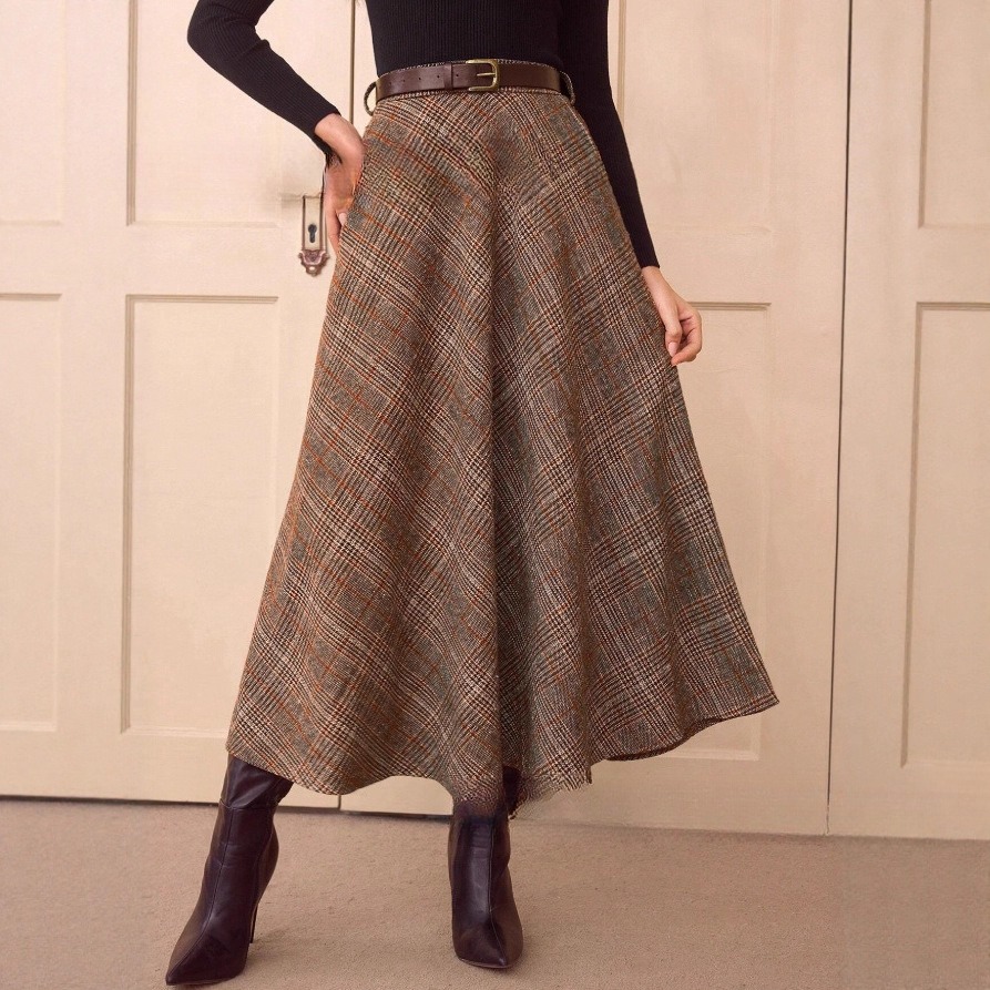 Elegant Retro Women's High Waist Plaid Ribbon Pocket Casual Skirt