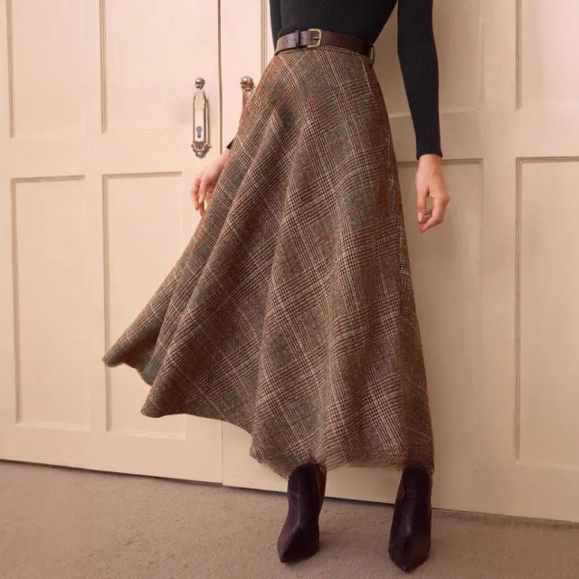 Elegant Retro Women's High Waist Plaid Ribbon Pocket Casual Skirt Dark Brown - Shop at LoveMi