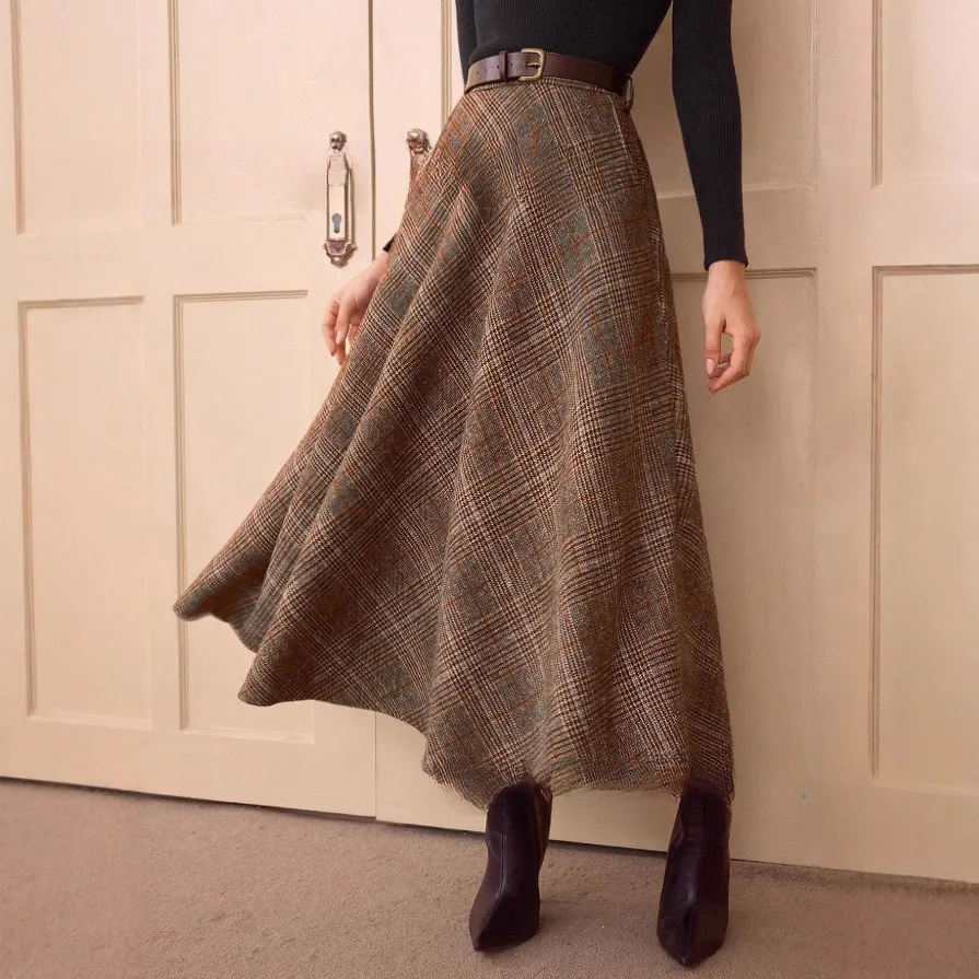 Elegant Retro Women's High Waist Plaid Ribbon Pocket Casual Skirt - Dark Brown