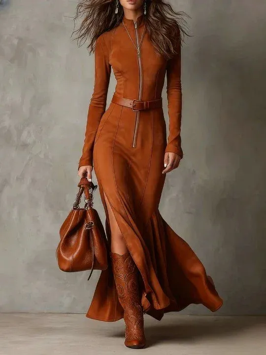 Slim Zipper Dress Elegant Temperament Split Long sleeved Dresses Cowboy Fashion Retro Women's Clothing Orange - Shop at LoveMi