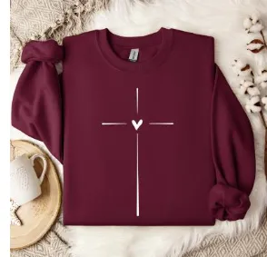 Heart shaped Cross Casual Loose Sports Sweater Maroon - Shop at LoveMi
