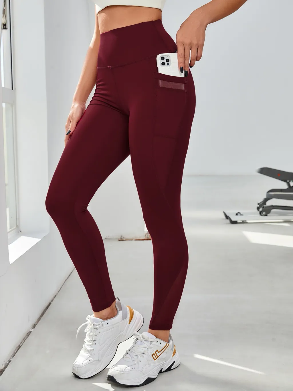 High Waist Grenadine Stitching Yoga Pants Pocket Quick-drying Breathable Hip Lifting Sport - Wine