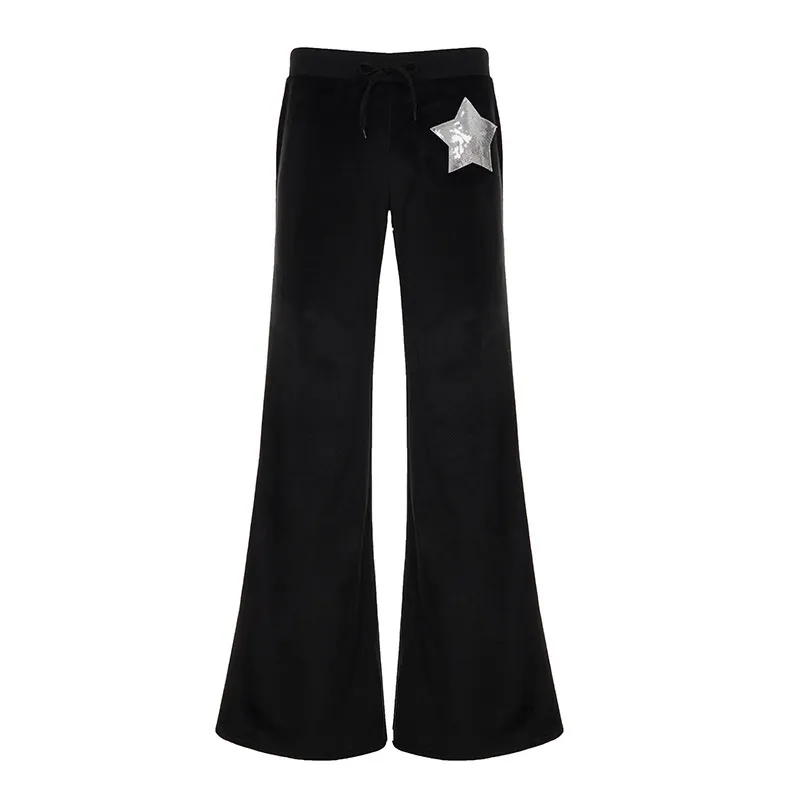 Niche Style Sequined Embroidered Low Waist Casual Pants - Black