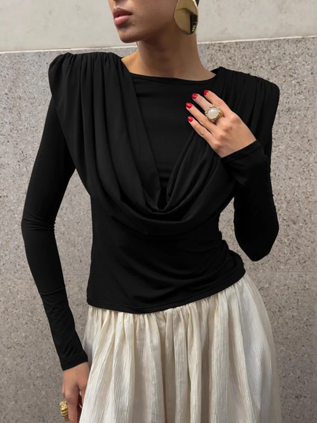 Pleated Waist Tight Swing Collar Women's Long-sleeved T-shirt - Black