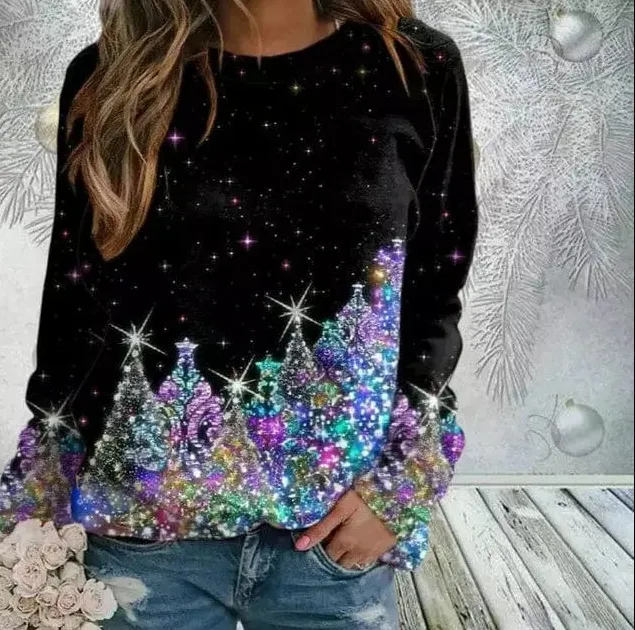 Loose Pullover Print Long sleeved Round Neck Women's Sweater Nkwy 011 S - Shop at LoveMi