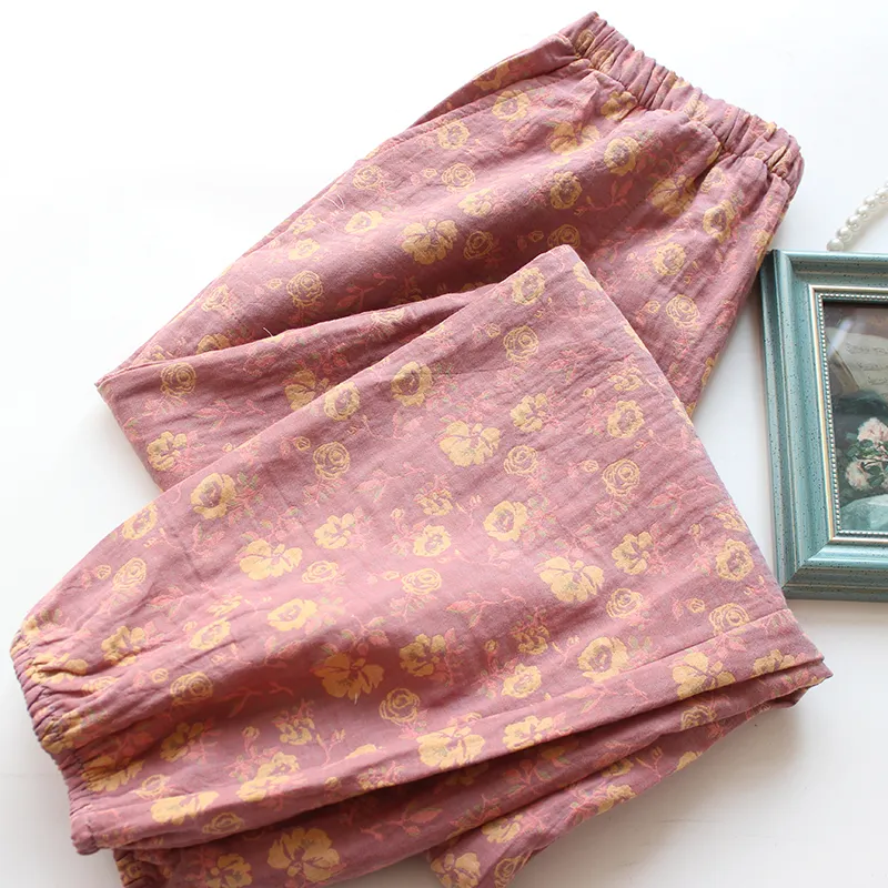 Double-layer Yarn-dyed Jacquard Cotton Women's Pajama Bottoms Spring, Summer - Purple Rose