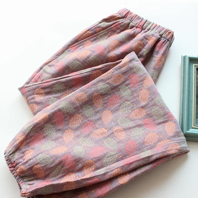 Double layer Yarn dyed Jacquard Cotton Women's Pajama Bottoms Spring, Summer Purple Fallen Leaves - Shop at LoveMi