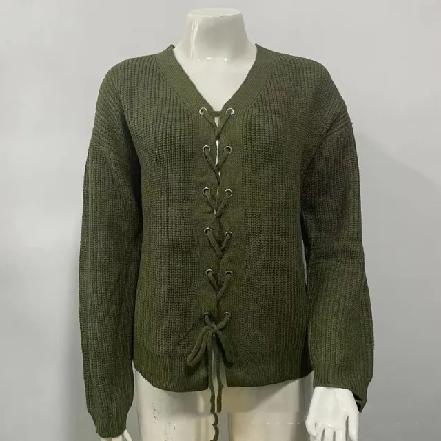 Solid Color And V neck Hollow Out Tied Knitted Sweater Green - Shop at LoveMi