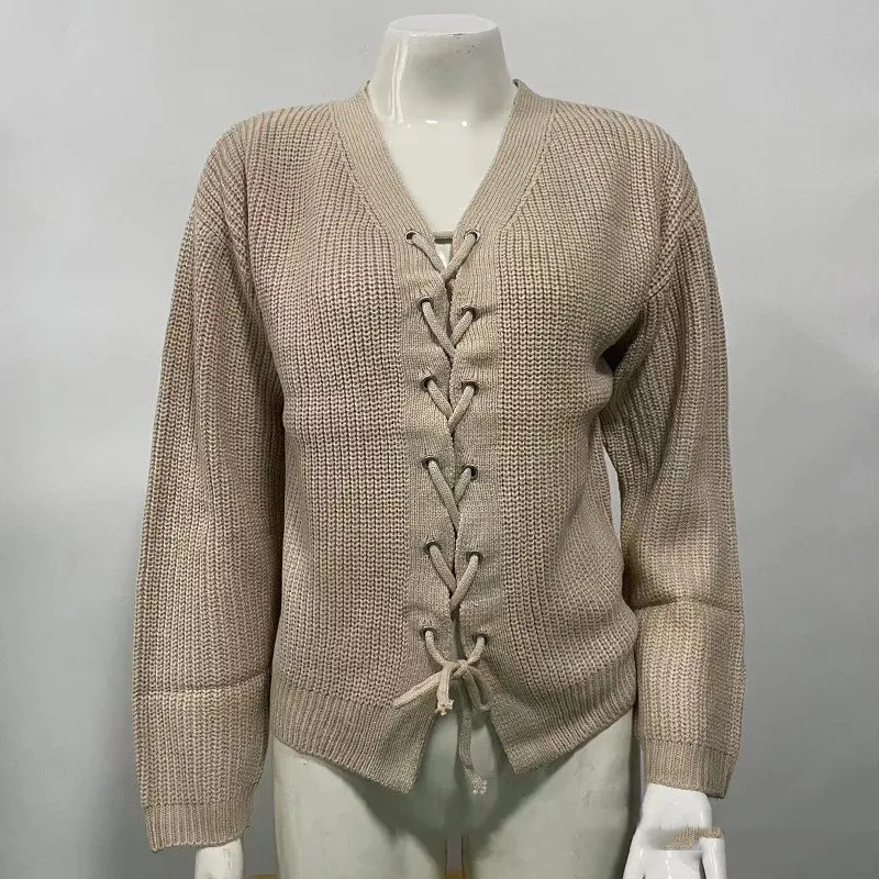 Solid Color And V-neck Hollow Out Tied Knitted Sweater - Khaki