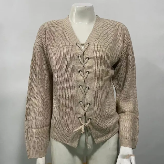 Solid Color And V neck Hollow Out Tied Knitted Sweater Khaki - Shop at LoveMi