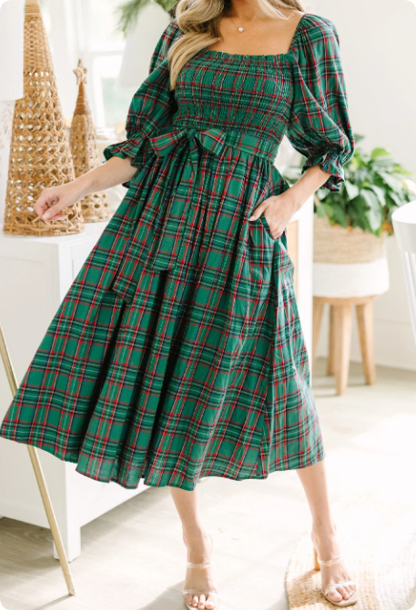 Green Tartan Plaid Square Neck Puff Sleeve Knot Waist Flared Midi Dress Green - Shop at LoveMi