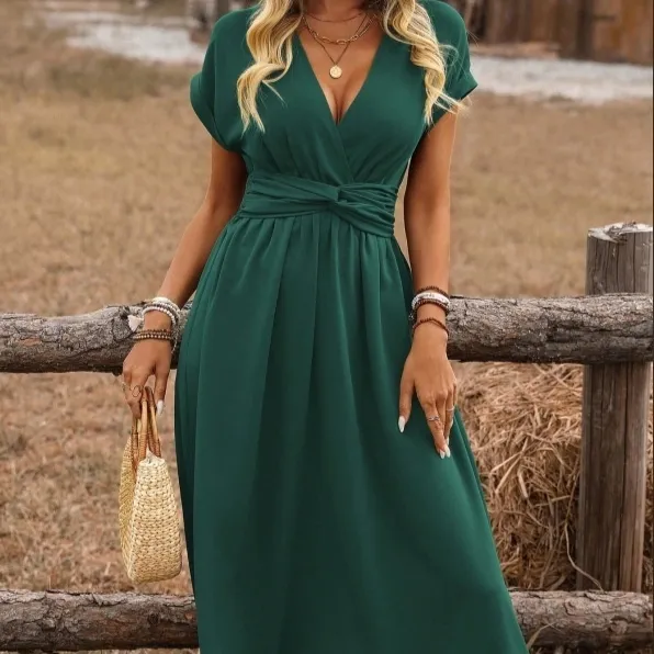 Women's Europe And America Cross Border V neck Pleated Solid Color Waist Dress Color 1 - Shop at LoveMi
