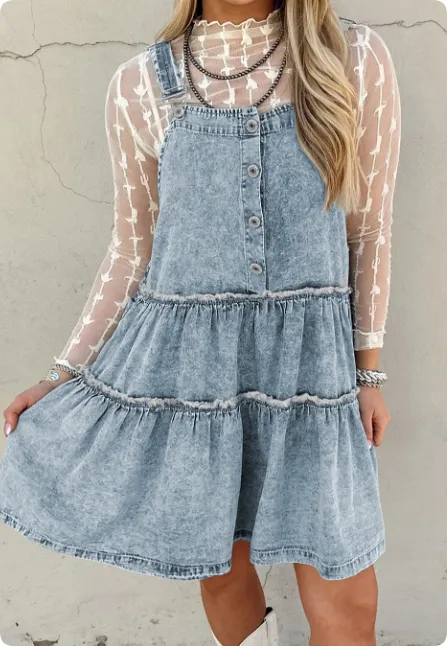 Twilight Blue Washed Layered Flowy Denim Jumpsuit - Blue