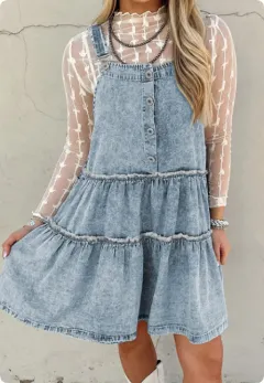 Twilight Blue Washed Layered Flowy Denim Jumpsuit - Blue - View 1