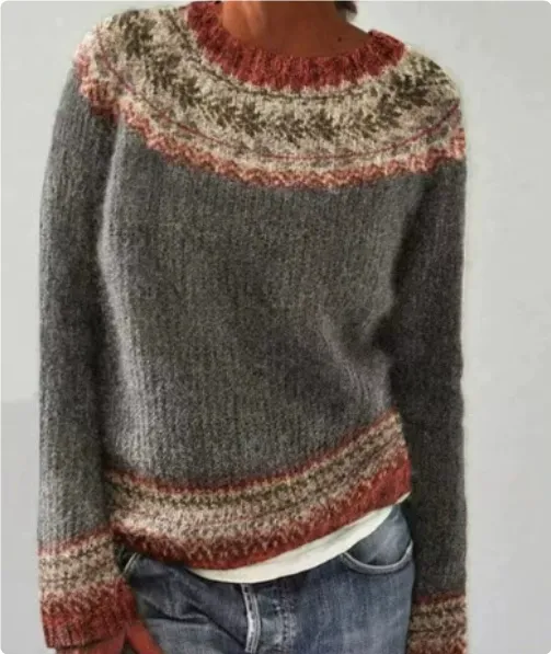 Printed Round Neck Sweater Thick Needle Fabric Gray - Shop at LoveMi